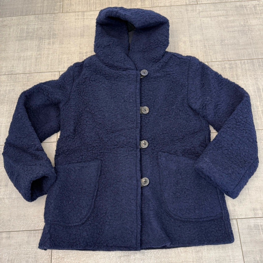 NWT Women’s Chunky Heavyweight Navy Teddy Wool Button Front Coat Size Medium